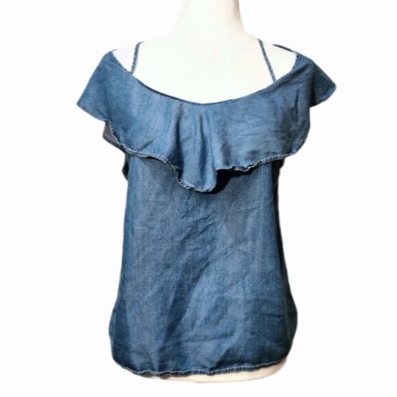 Old Navy cold shoulder denim ruffle top - Picture 1 of 3